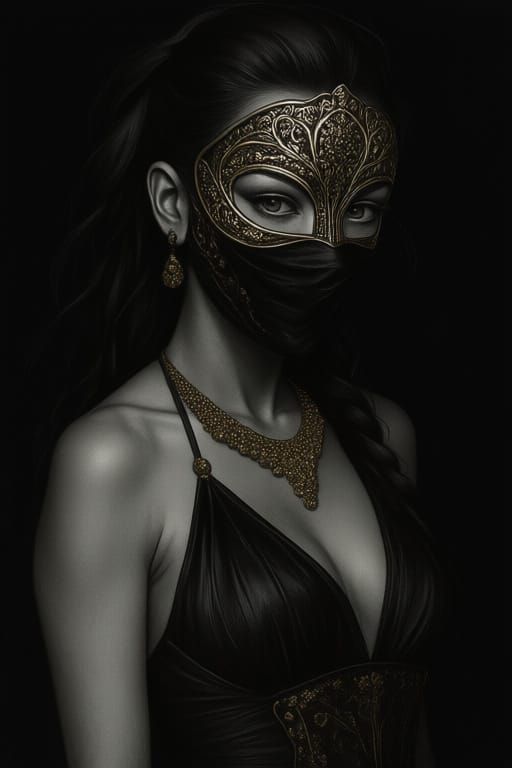 BLACK FEMALE GUNSLINGER IN A VENETIAN MASK DRESSED IN A BLAC...