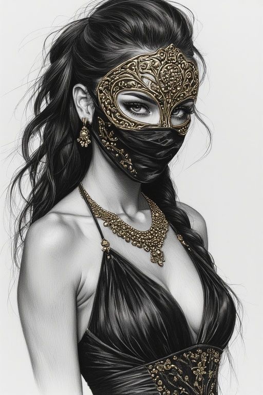 BLACK FEMALE GUNSLINGER IN A VENETIAN MASK DRESSED IN A BLACK AND GOLD EVENING GOWN.