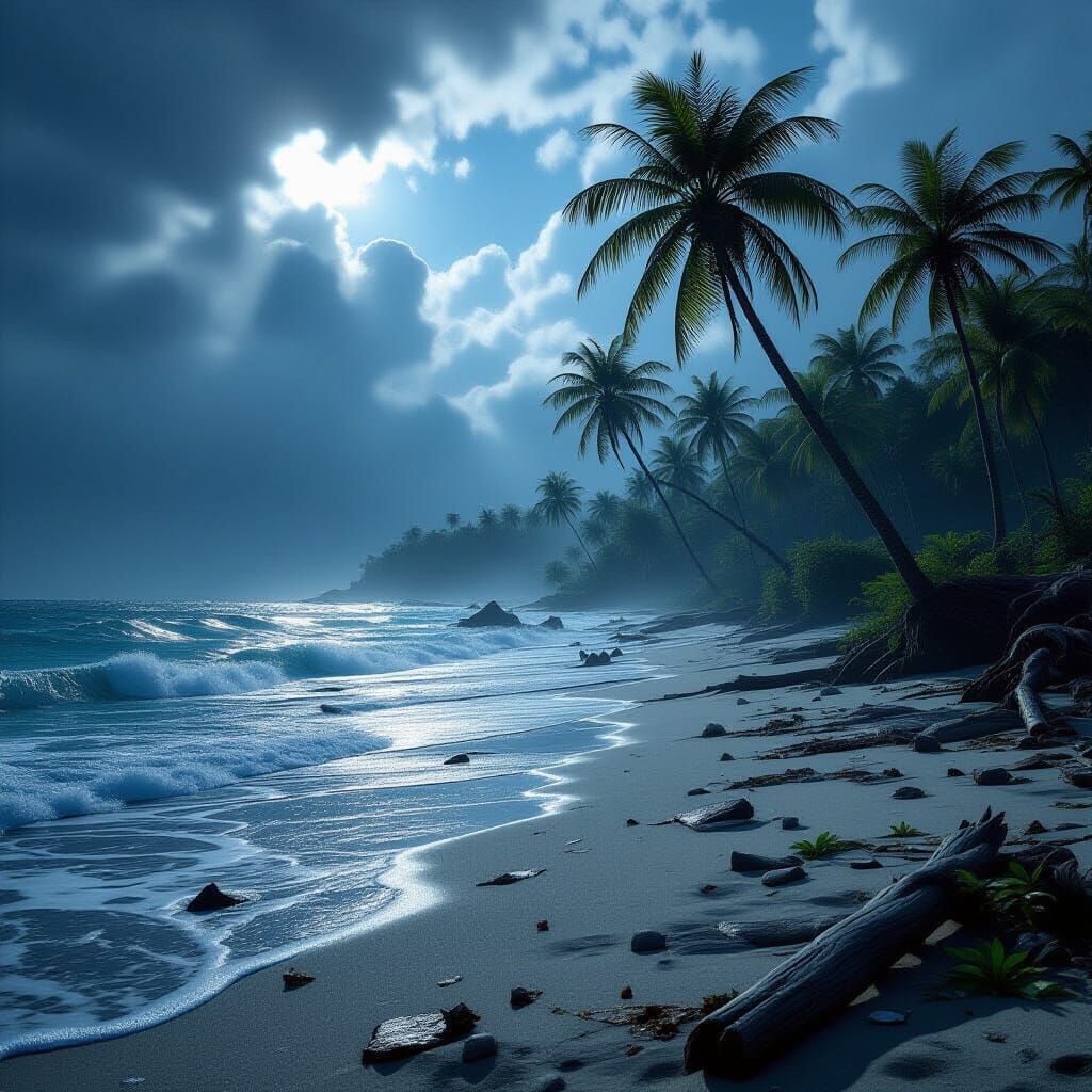 Storm-Battered Island in 3D Game Cinematic Style