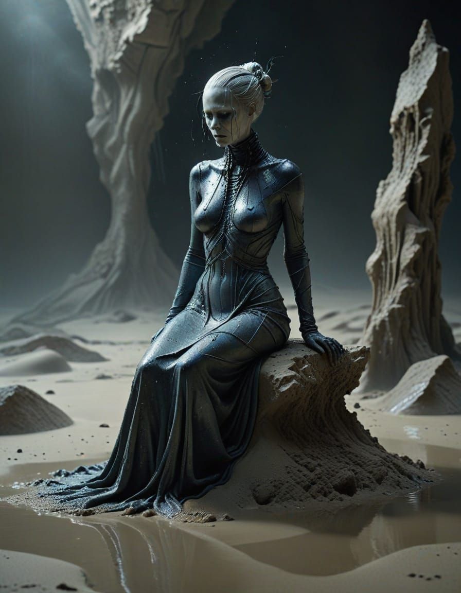 A Close-Up Of A Surreal Figure With Shimmering Metallic Blue Skin And Sharp, Angular Features, Their Hair Sculpted Into Gravity-Defying Silv...