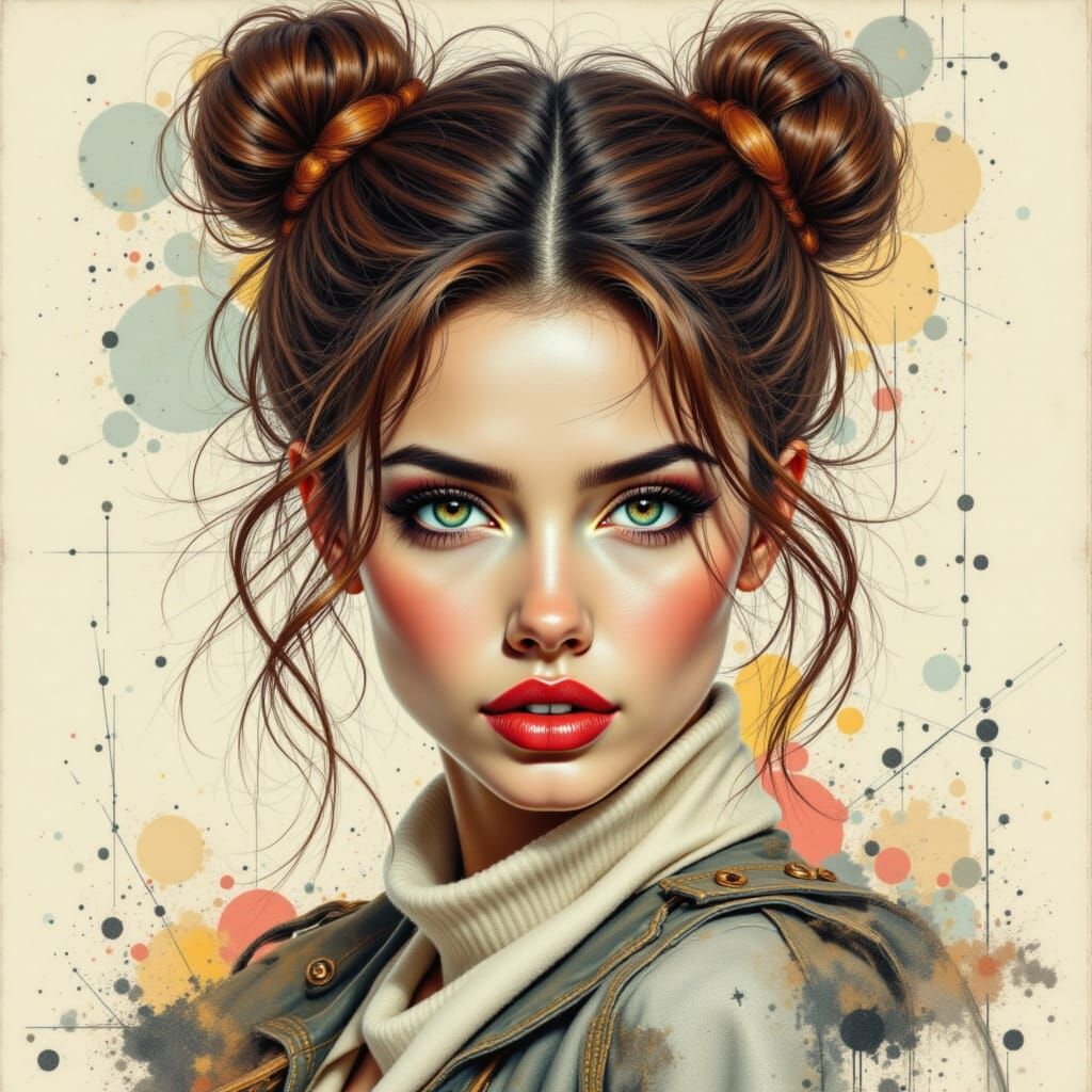 <lora:Glamor Muse:1.0>
Expressive colored image of a stunningly beautiful Hungarian woman, large eyes with an intense gaze looking directly ...