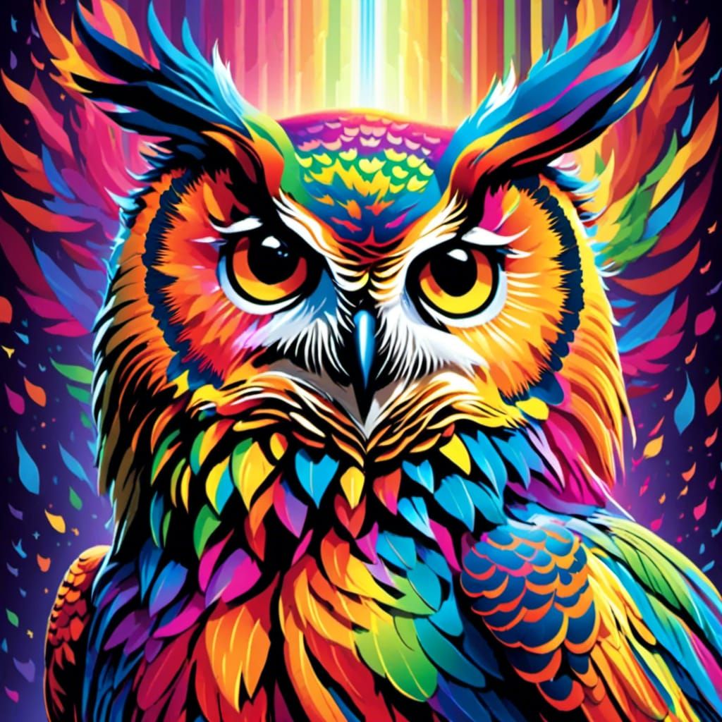 <lora:The Rainbow Game:1.0> ((Hyperrealistic:1.5)) A beautiful mythical rainbow owl