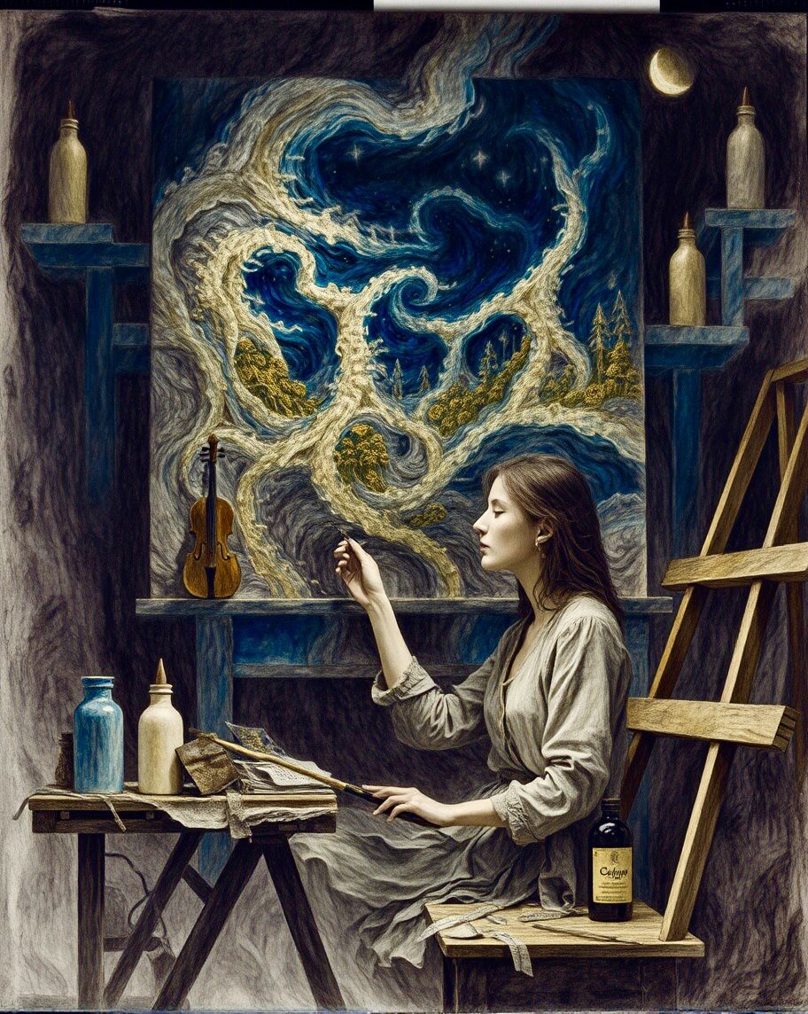 In her gallery, by herself, but not alone