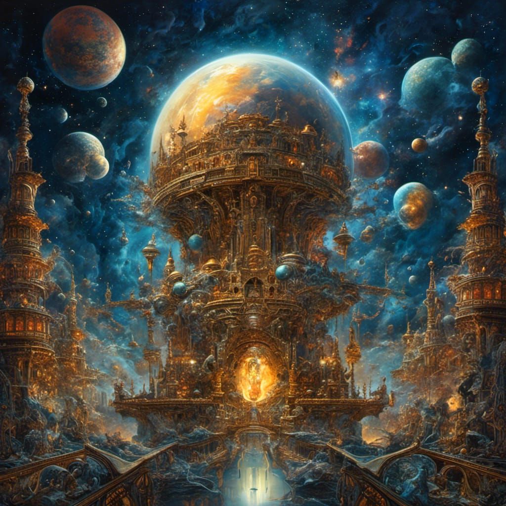 <lora:MJ6 Dark Fantasy:1.0> A cosmic deity shaping the fabric of space and time, hyperrealistic, photorealistic, insane clarity and detail,...