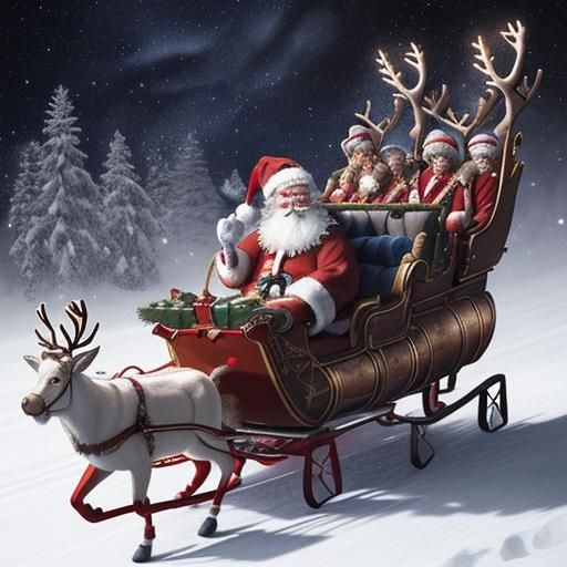 🎅 Santa Claus riding in his sleigh pulled by reindeer throu...