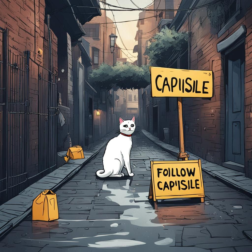 a adorable cat with a sign around it neck saying, "follow ca...