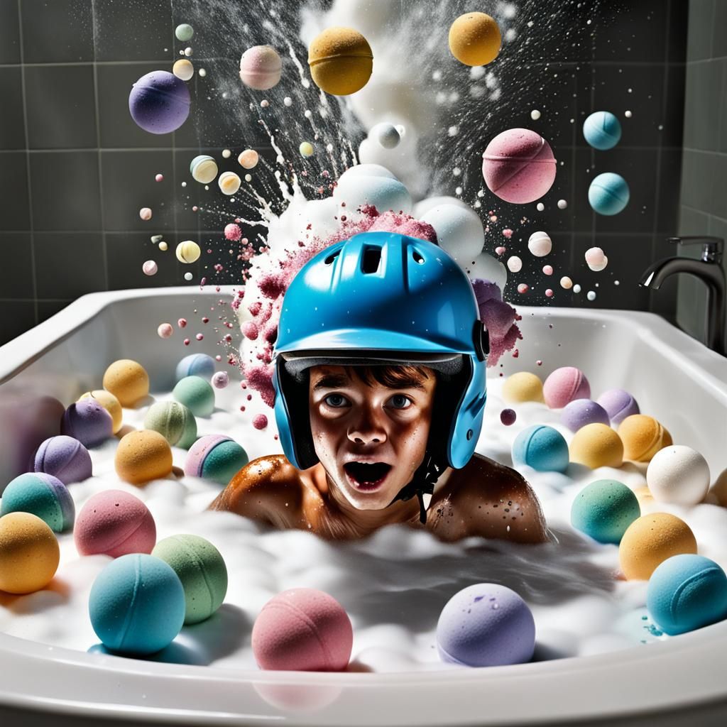 A kid in the bath, wearing a helmet, surrounded by bath bombs, exploding, by Greg Staples. AI