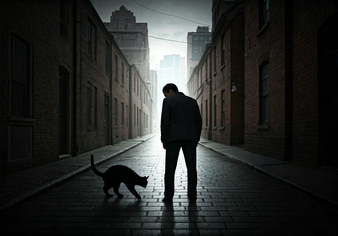 A black cat crosses the street in the night of Friday 13th