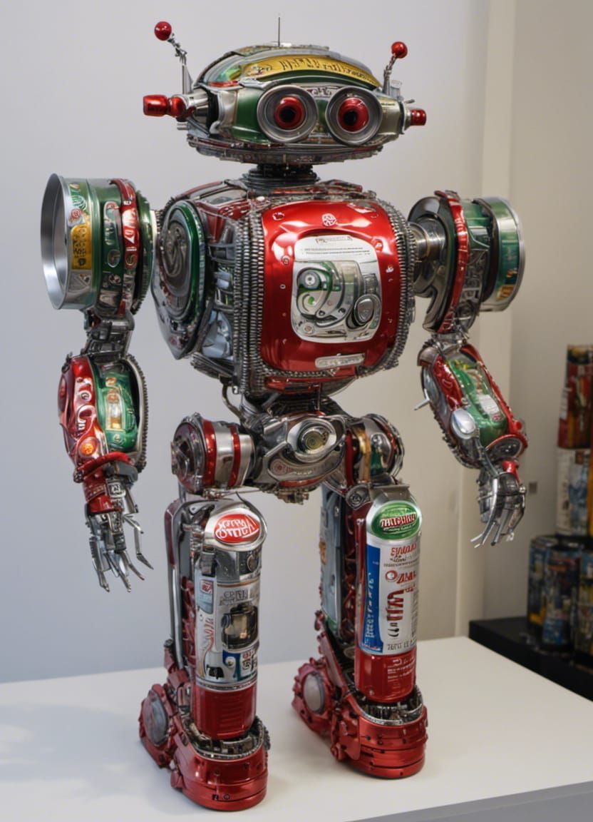 Robot sculpture made of soda and soup cans  by @Syndraelle