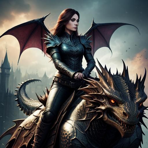 beautiful woman riding a dragon heavy metal style Hyperreali...