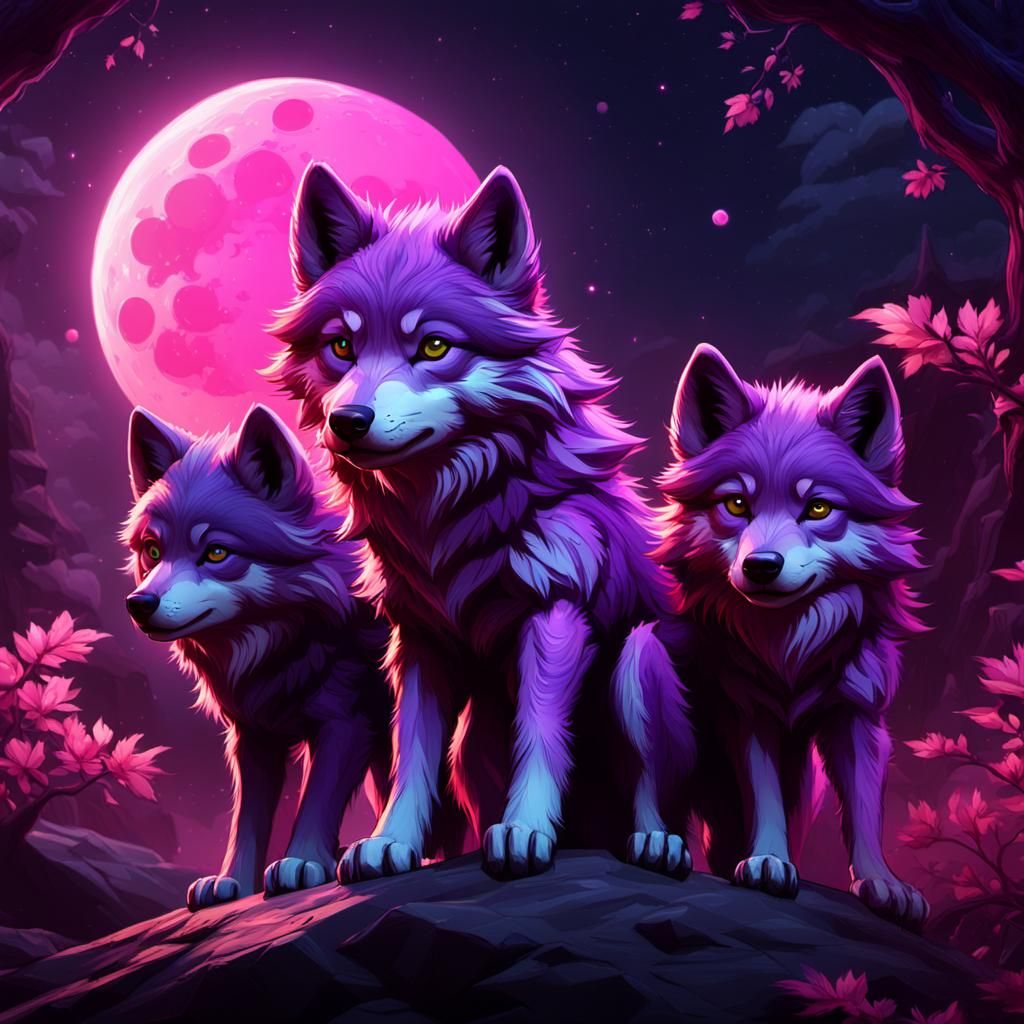 Cute baby wolves pink and purple red moon far - AI Generated Artwork