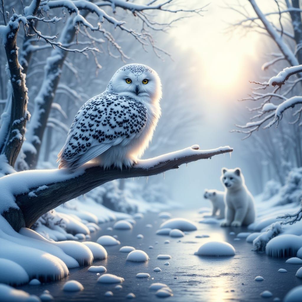 <lora:Dalle3 free upscaler:1.0>winter snowy wildlife endangered birds and animals creek tim flach style