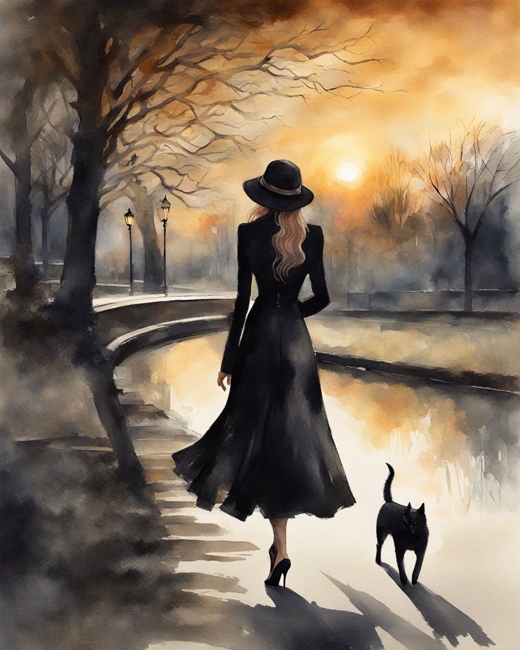 Lady and cat in park.