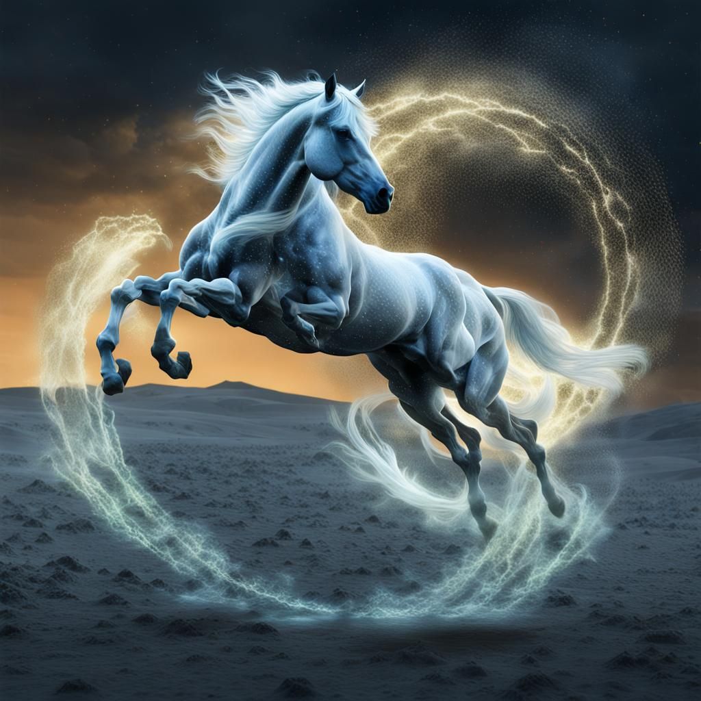 The image of two ghostly horses jumping up. One ghostly horse is made ...