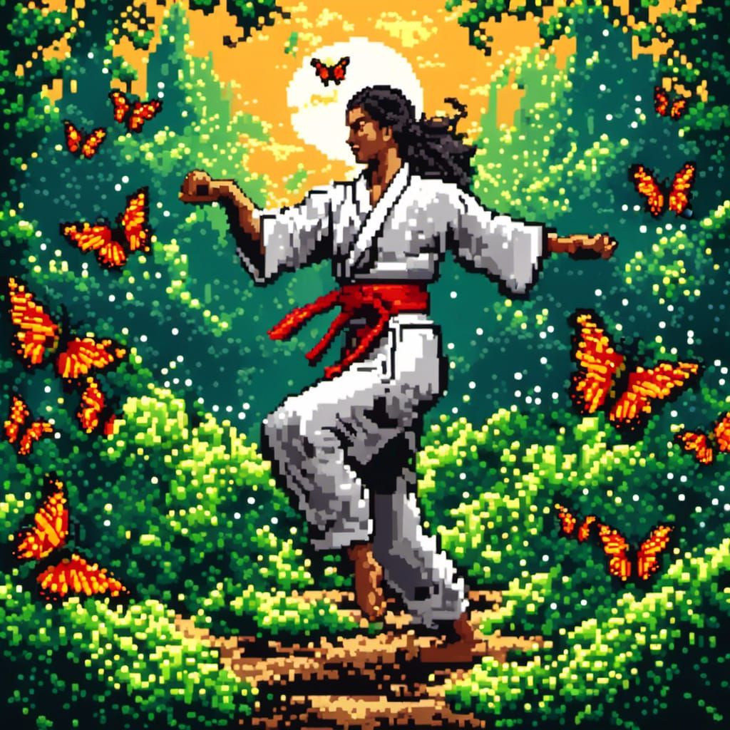 Martial Artist in combat pose, Butterfly gard 64bit <lora:Coffee Pixel Craft:1.0> Pixel art Ultrafine 