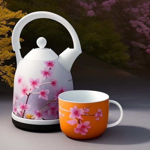 Sakura tea kettle, distinct lighting, detailed matte paintin...