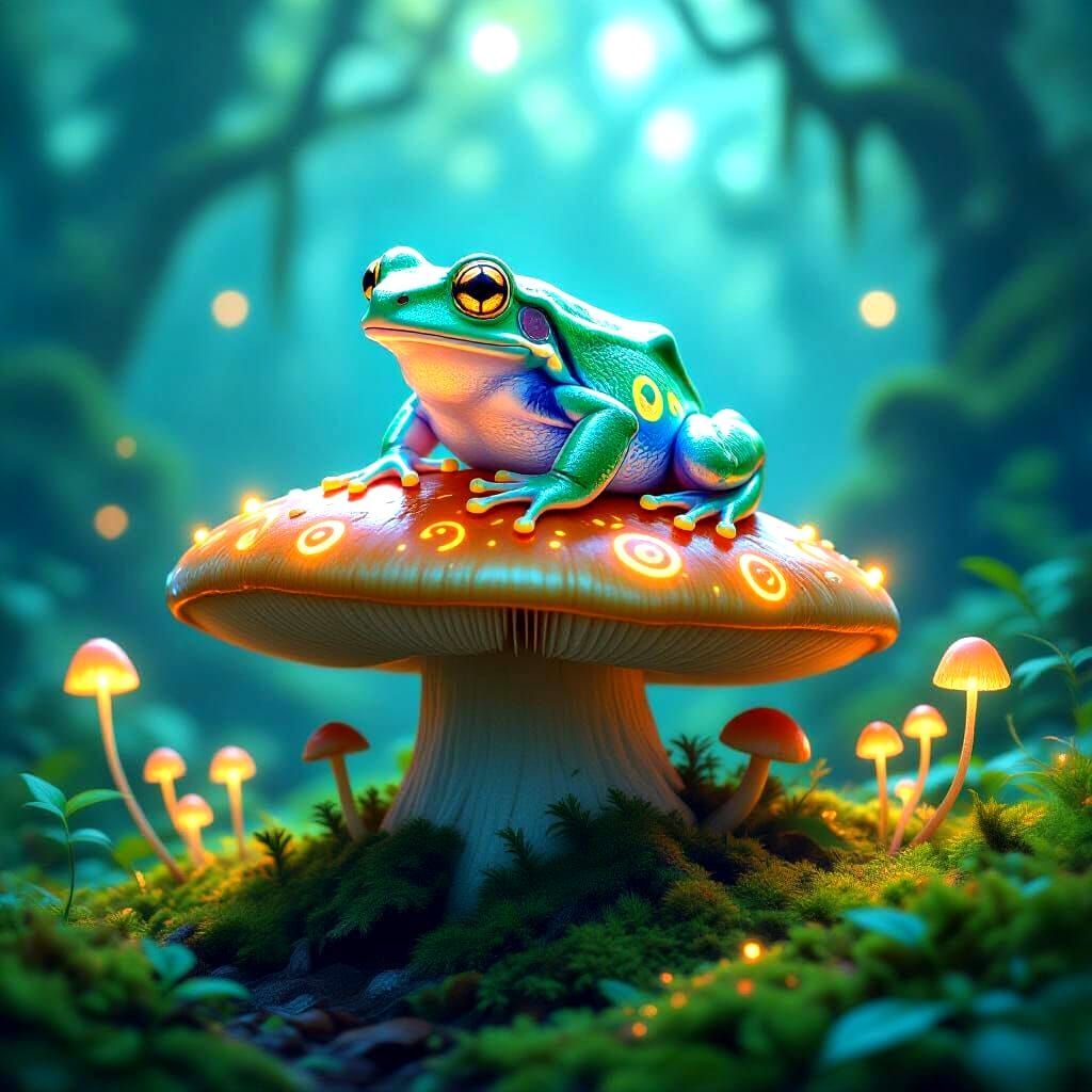 A whimsical, bioluminescent frog with intricate, glowing patterns on its skin, perched on a giant mushroom in a fantastical forest. The fore...