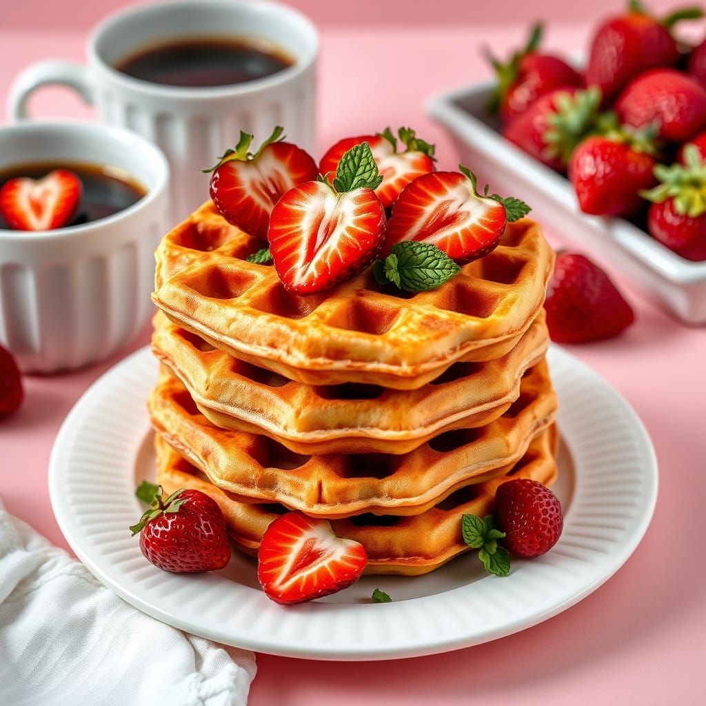 Golden Brown Waffles with Fresh Strawberries and Coffee