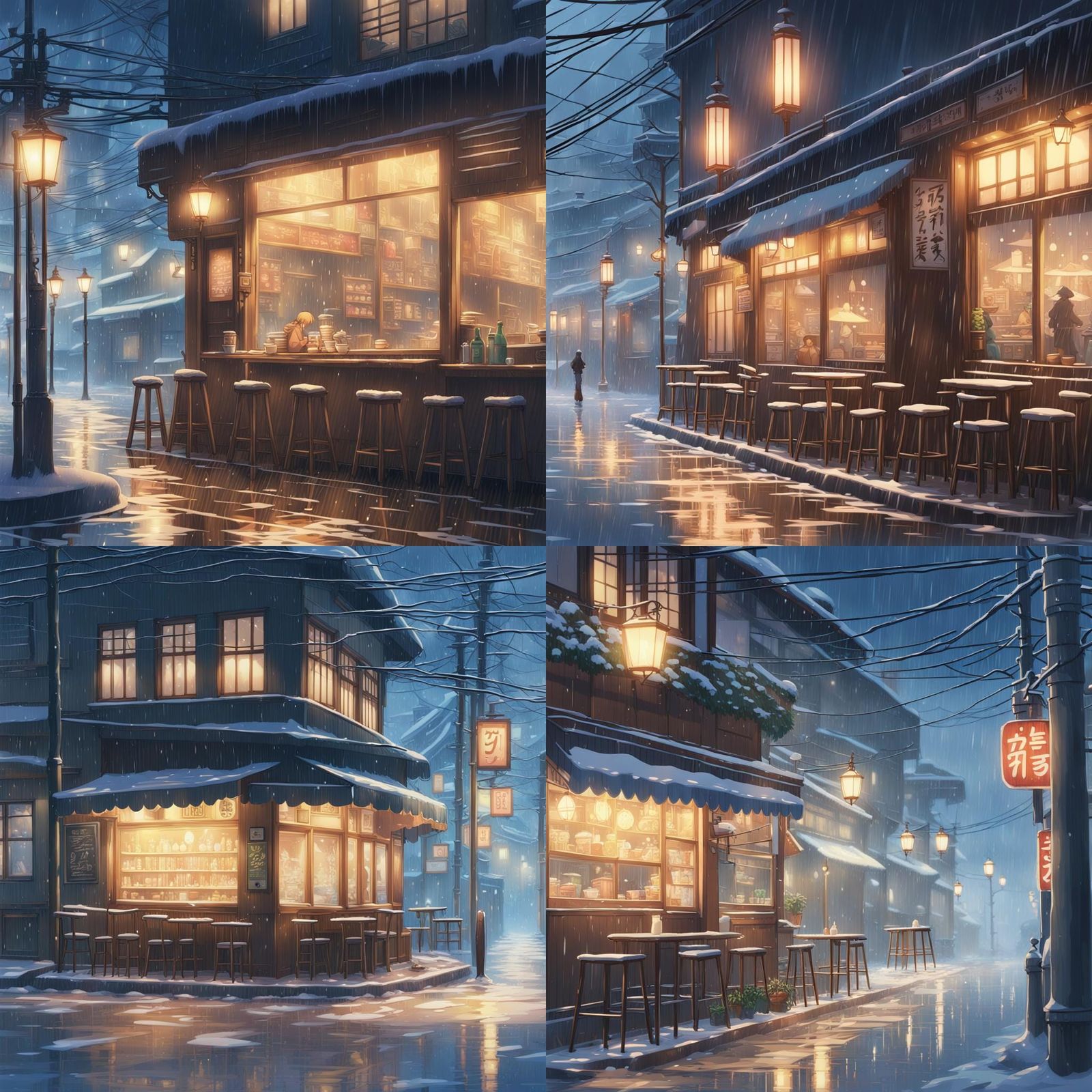 Korea raining street lights Cafe in winter