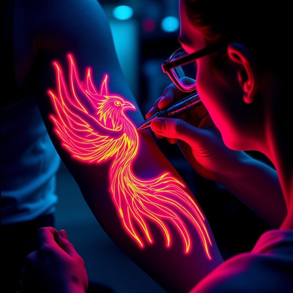 <lora:Blacklight V2:1.0> A futuristic tattoo artist crafting a neon phoenix on a client’s arm, the vibrant reds and oranges of the bird glo...