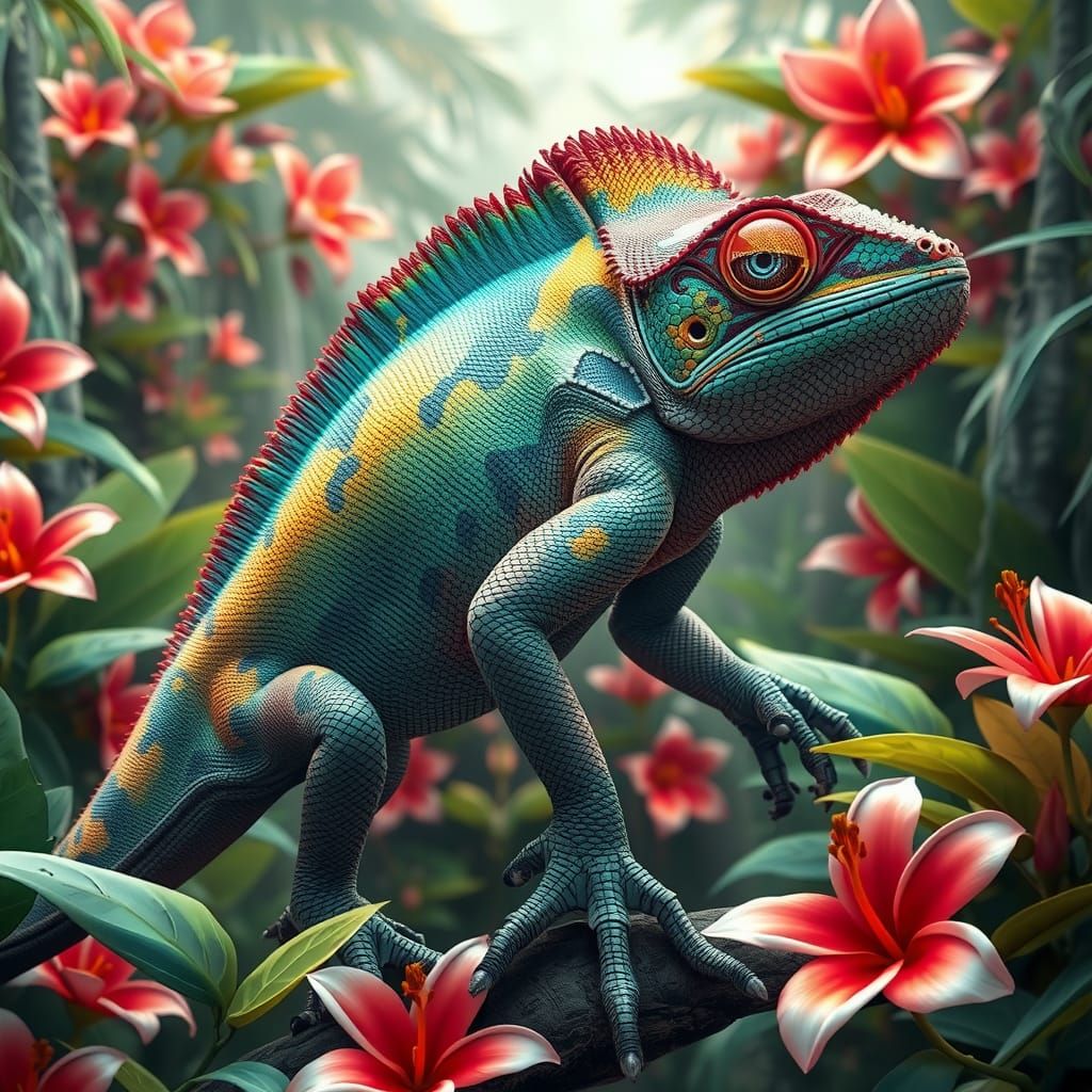 Iridescent Chameleon in Prehistoric Jungle: 3D Anime Art