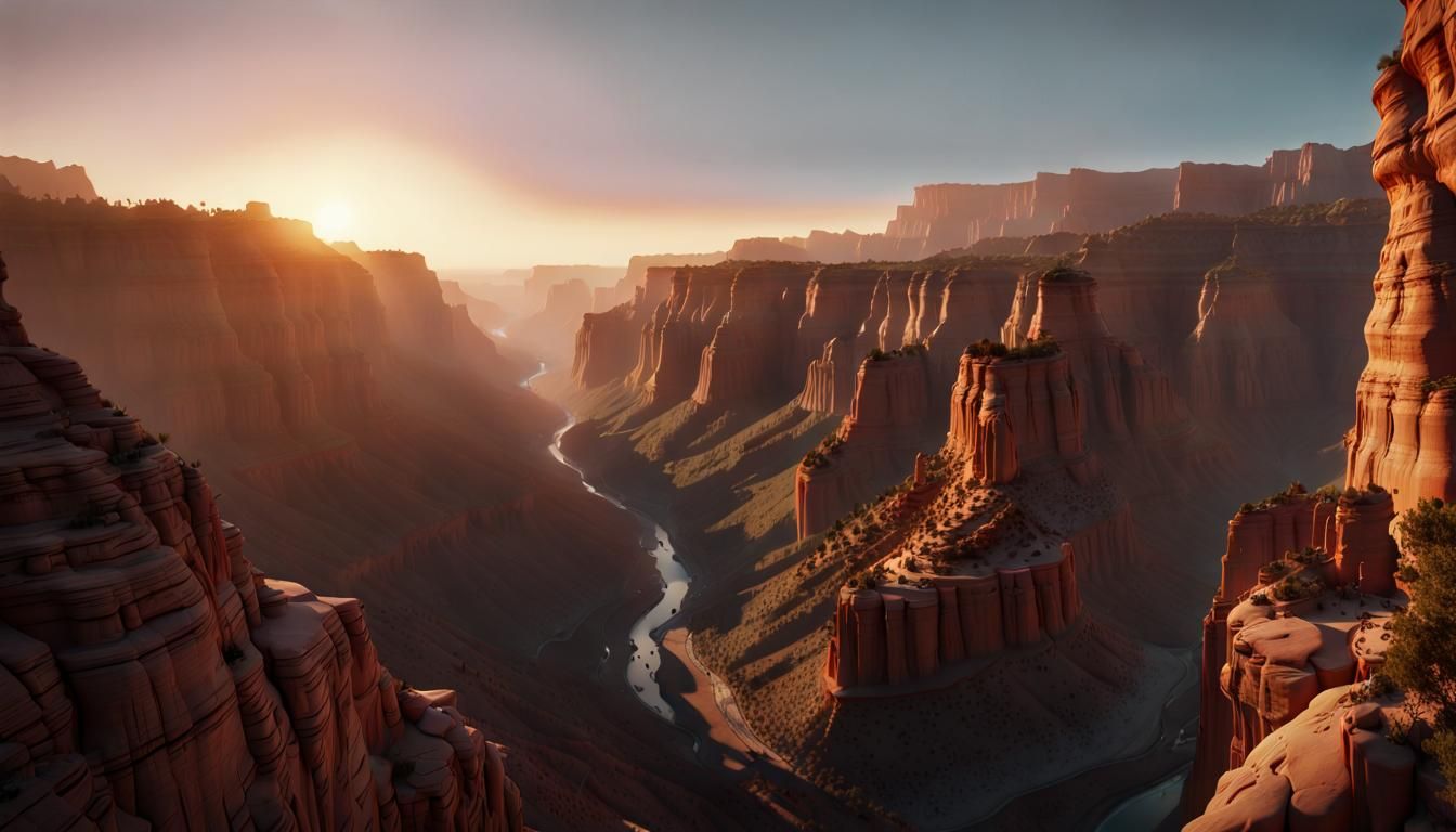 Majestic canyon vistas captured during sunrise, soft ambient lighting, cinematic realism, high action ...  by @Shakaama