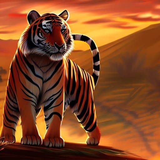 male tiger , sunset lighting, desert background