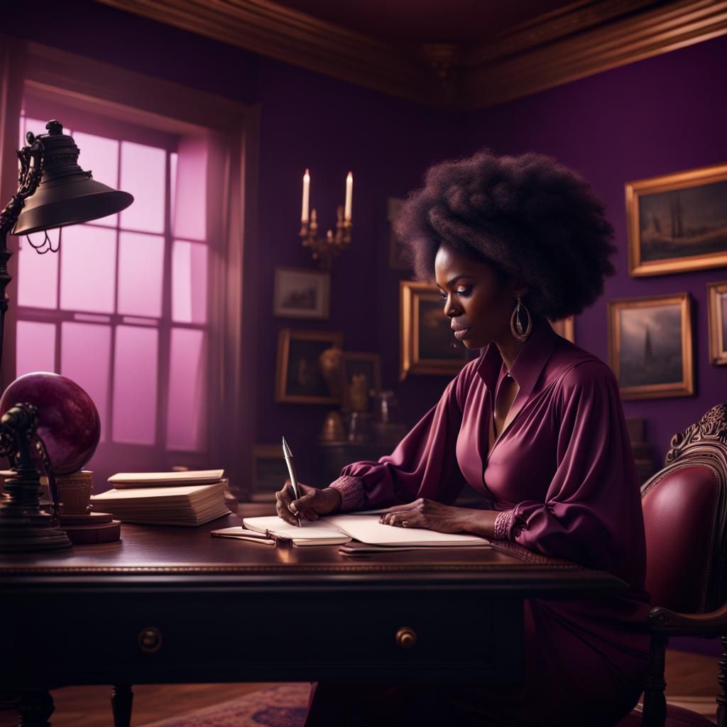 Portrait Of Black Woman Writing At Her Desk With A Plum Colored Room