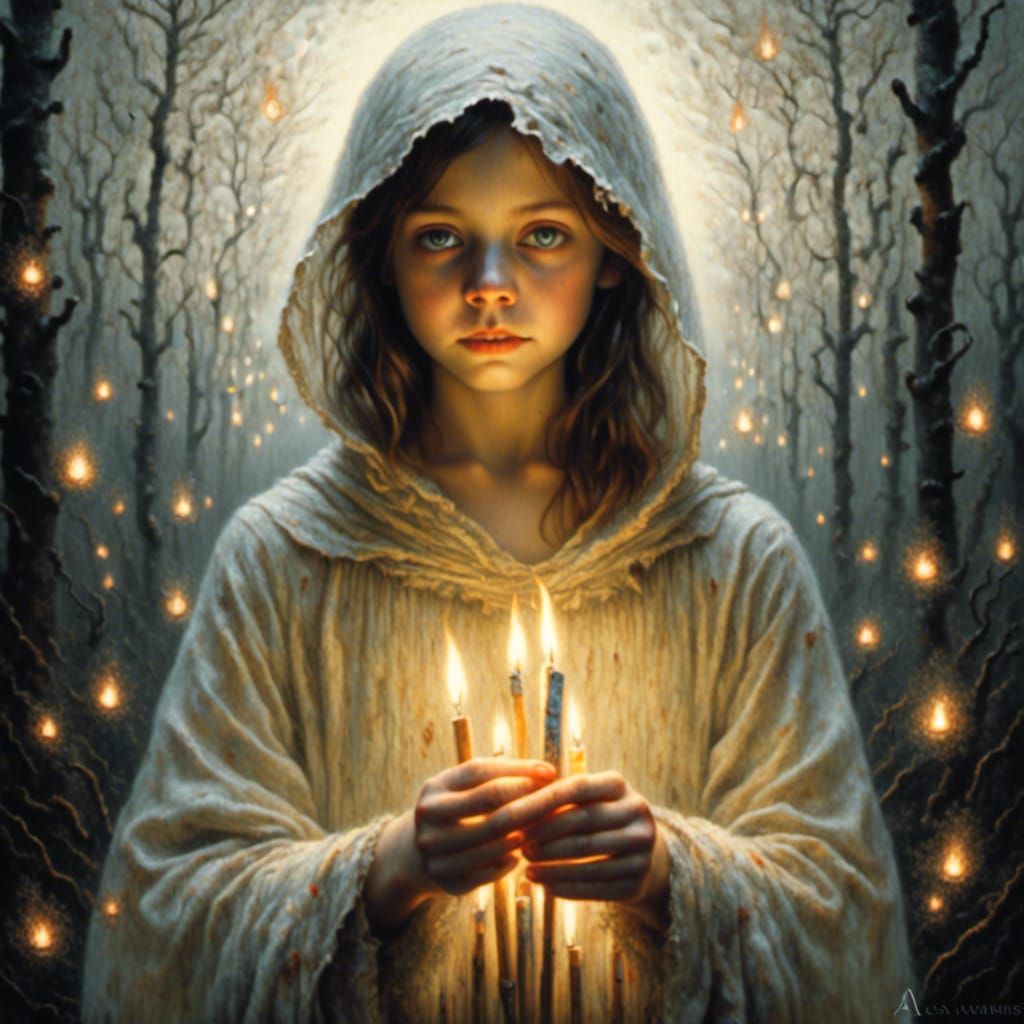 A glowing ghost girl in rags holding burning matches by Alyssa.monks <lora:Bathing in light:1.0>