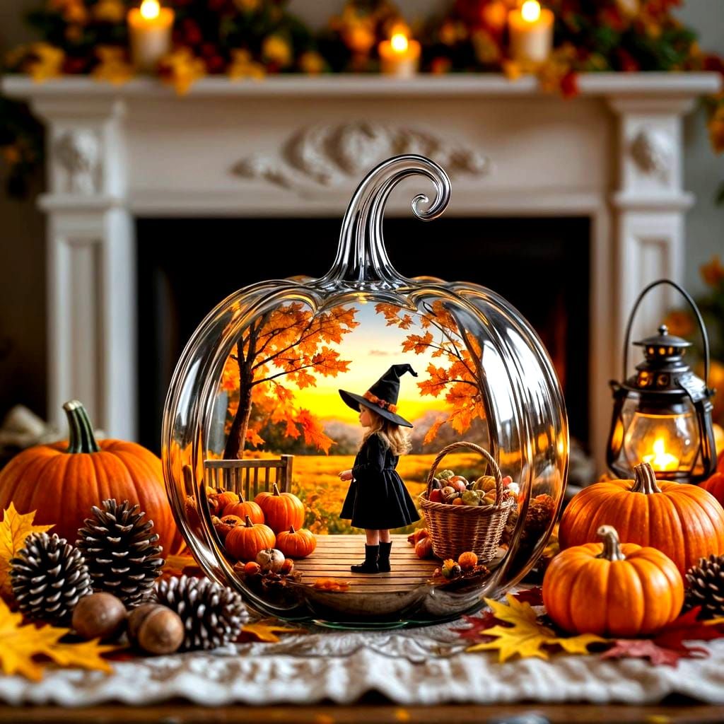 Halloween Fireplace Scene with Witch Child in Glass Pumpkin