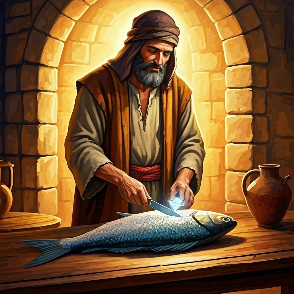 Joseph Discovers a Glowing Diamond in a Fish, in Traditional...