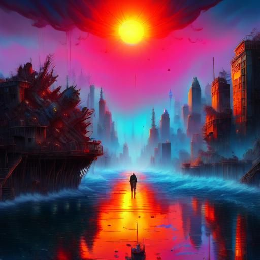 <lora:Disasterpiece:1.0> A sun setting over a broken desolate wasteland, refracting, reflecting, desolation, comprehension, insanity, pain,...