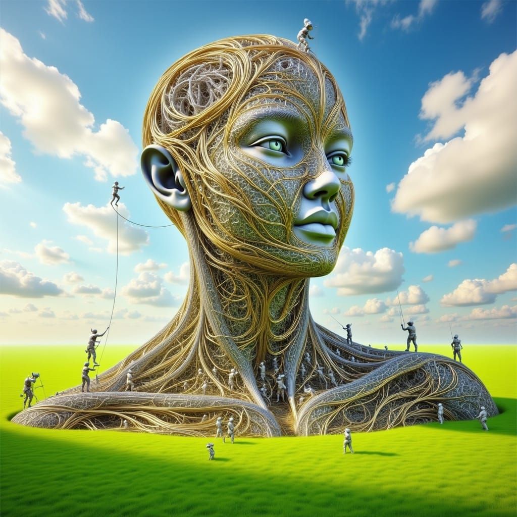 <lora:Weird Sculpture:1.0> A sculpture of a man with silver and golden wires managed by tiny elves, keeps standing. Perfect, intricate detai...