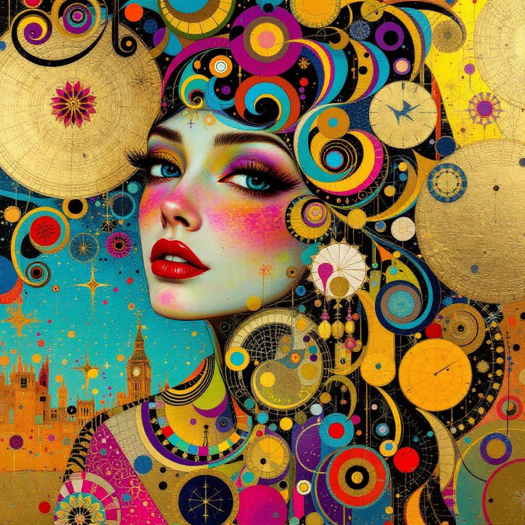 Abstract Writer in Klimt Style with Cityscape