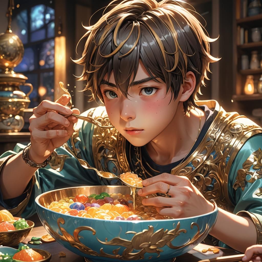 Anime Boy Eating, 3D Art with Vibrant Colors