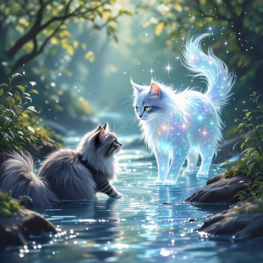 Magical Realism Stream Scene With Fluffy Grey and Spirit Cat...