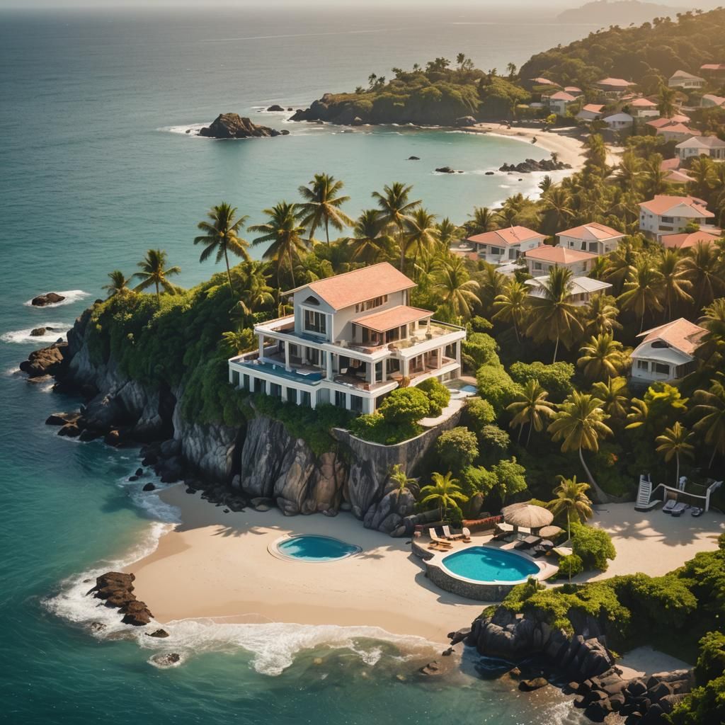 An island with a beautiful house overseeing the ocean sun fr...