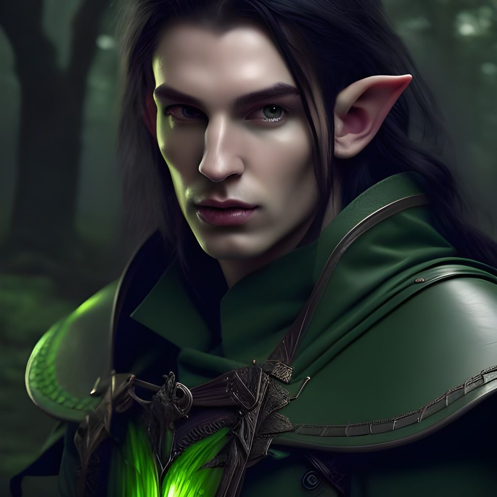 Gorgeous male elf long black-haired male ranger and bright green eyes ...