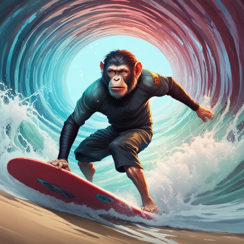A monkey ninja wearing bermuda shorts, surfing in a wave tun...