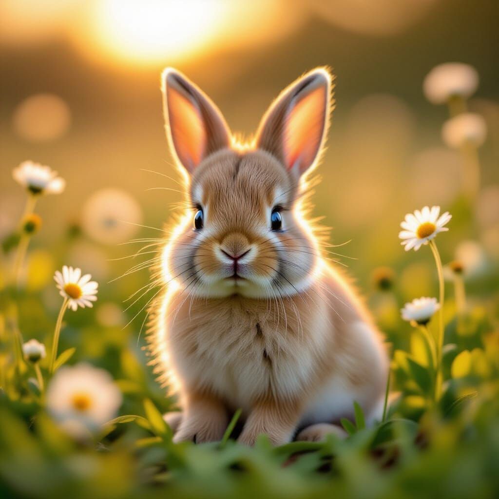 Adorable Baby Bunny in Wildflower Field at Golden Hour