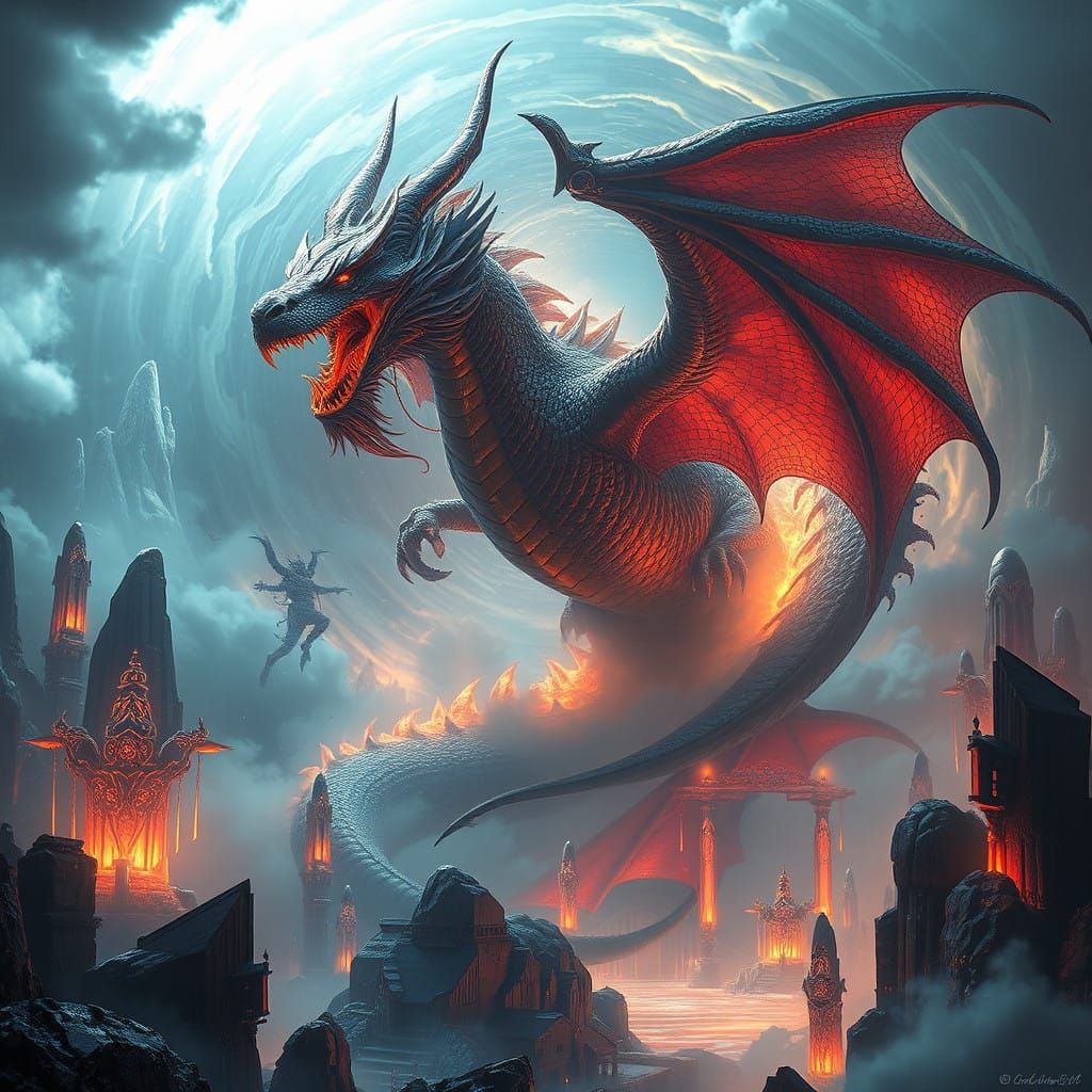 Ancient Dragon Emerges from Vortex in Iridescent Dreamscape