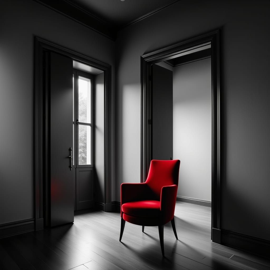 Minimalist Interior With Red Chair, Tonal Quietude