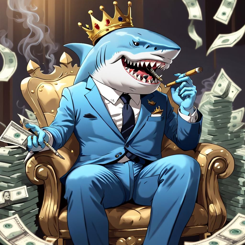 a shark , with blue skin and big teeth , sitting on a chair ...