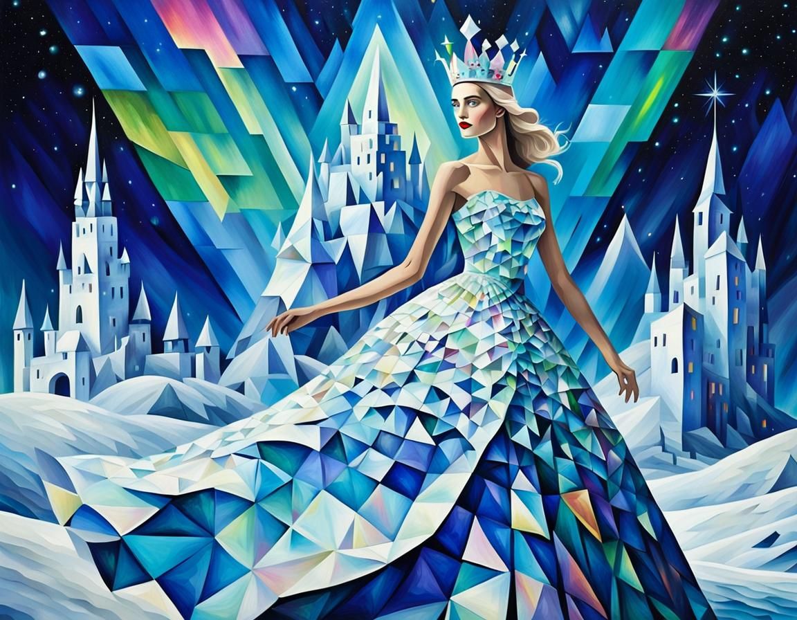 Snow Queen in cubist style under the northern lights with fantasy castles
