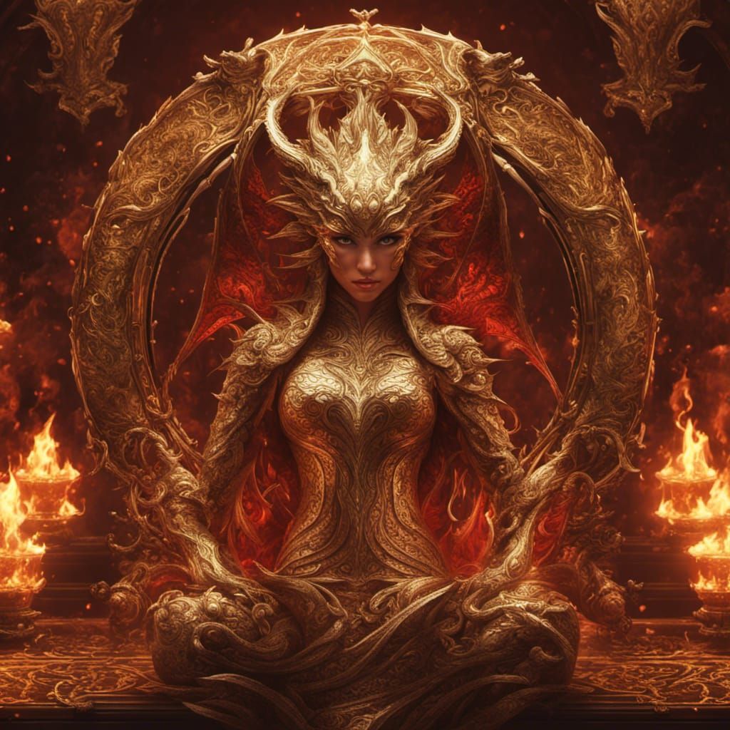 Golden Dragon Goddess with Fire, Fantasy Art Nouveau