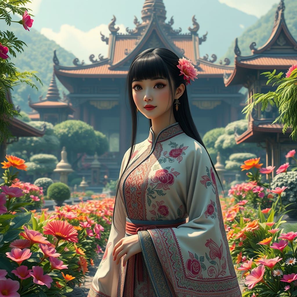 Serene Thai Temple Goddess in Vibrant Florals