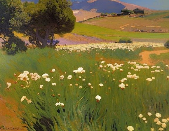 16k resolution, art by Joaquín Sorolla and Claude Monet. A picturesque countryside, fields of vibrant flowers under the soft sunlight, a gen...