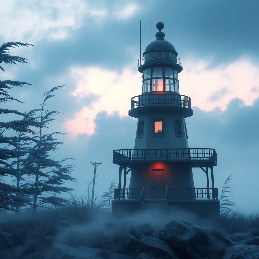 Vaporwave Bauhaus Cabin with Lighthouse in 3D Lighting