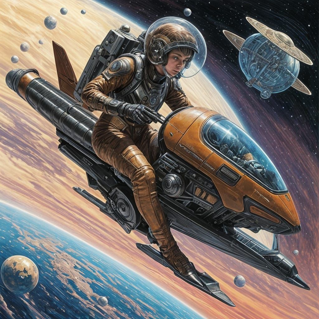 female mounted on a jet-powered_black rose colored Speedercraft, wearing a futuristic honeysuckle colored exosuit