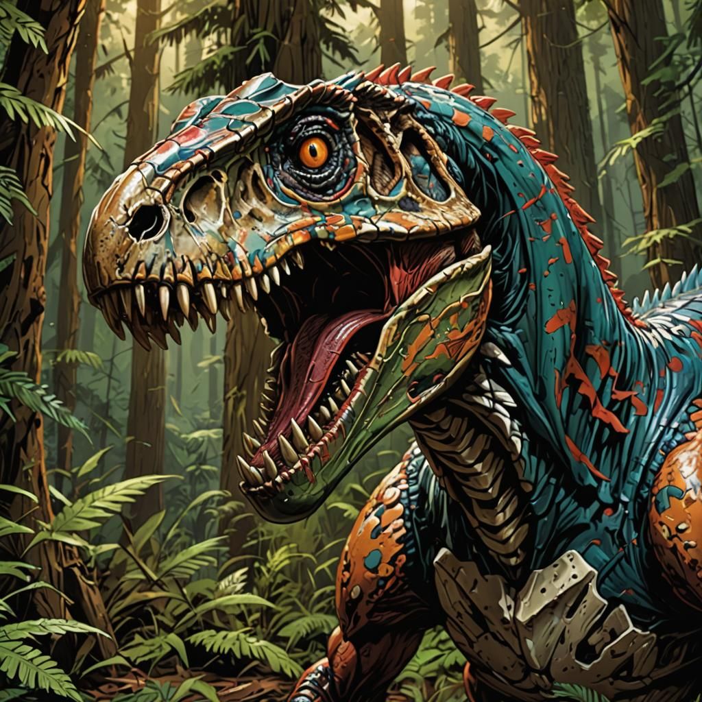 velociraptor skull, Fight  ,Forest,Hyperrealistic, splash ar...